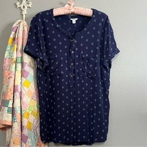 Sonoma Crinkled Muslin Navy Print Short Sleeve Blouse Large